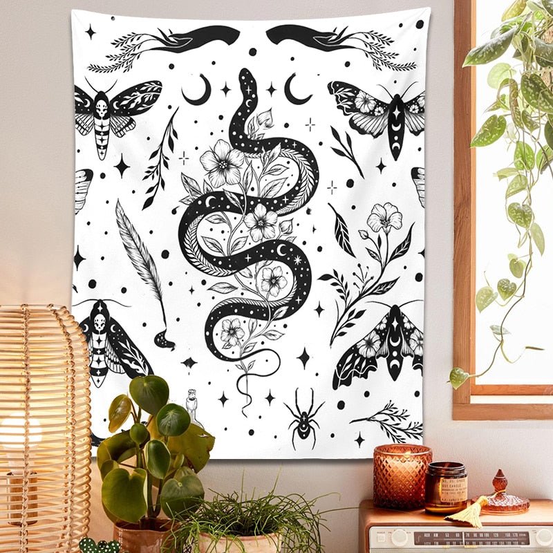 Black White Moth Snake Tapestry - DormVibes