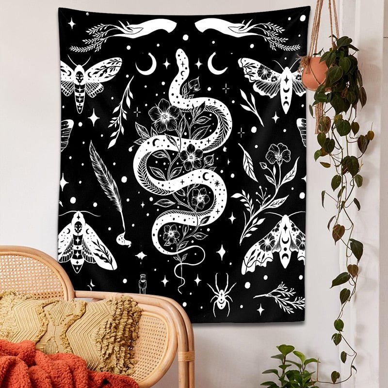 Black White Moth Snake Tapestry - DormVibes