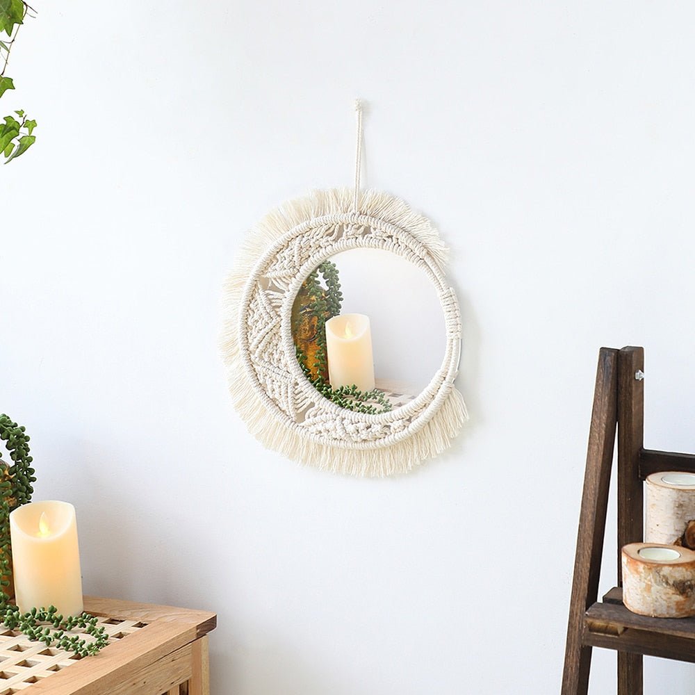 Boho Macrame Round Mirror: Decorative Hanging Wall Mirror for Bedroom and Living Room Decor - DormVibes