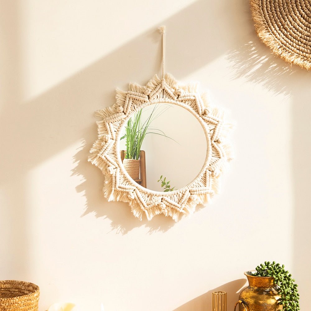 Boho Macrame Round Mirror: Decorative Hanging Wall Mirror for Bedroom and Living Room Decor - DormVibes
