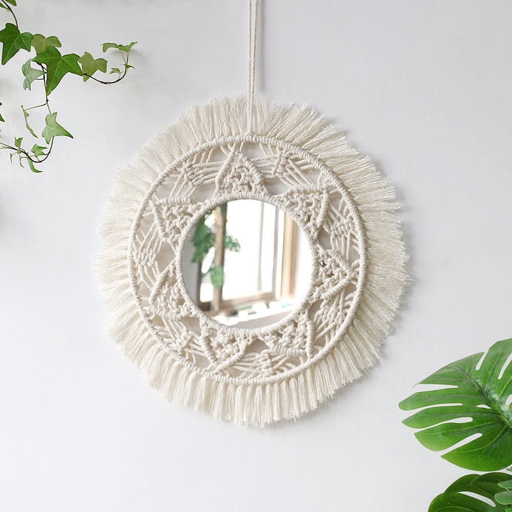 Boho Macrame Round Mirror: Decorative Hanging Wall Mirror for Bedroom and Living Room Decor - DormVibes