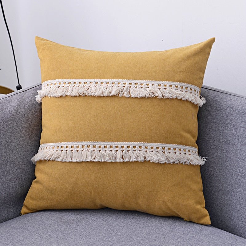 Boho Style Cotton Linen Cushion Cover with Tassels: Beige, Grey, Blue, Yellow Pillow Cover for Sofa and Bed Home Decor - DormVibes