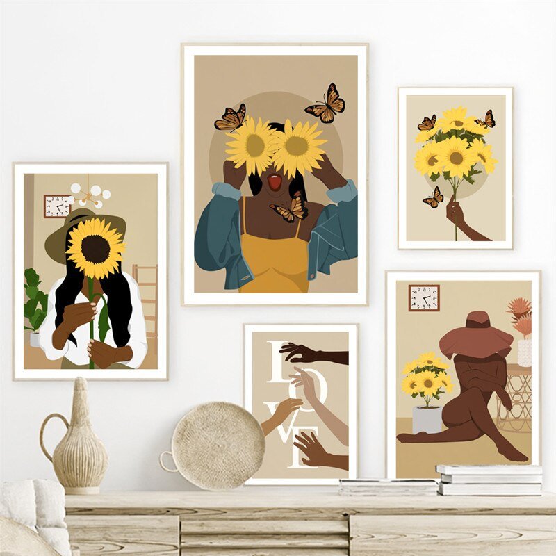 Boho Sunflower Serenade: African Women Wall Art Aesthetic Room Decor - DormVibes