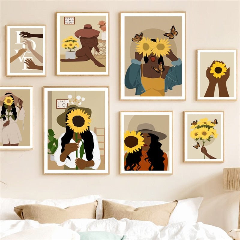 Boho Sunflower Serenade: African Women Wall Art Aesthetic Room Decor - DormVibes