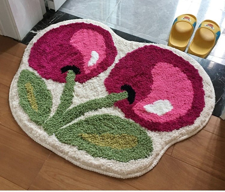 Charming Cherry Tufted Door Mat - Soft and Fluffy Absorbent Rug for Bathroom, Kitchen, and Entrance - DormVibes