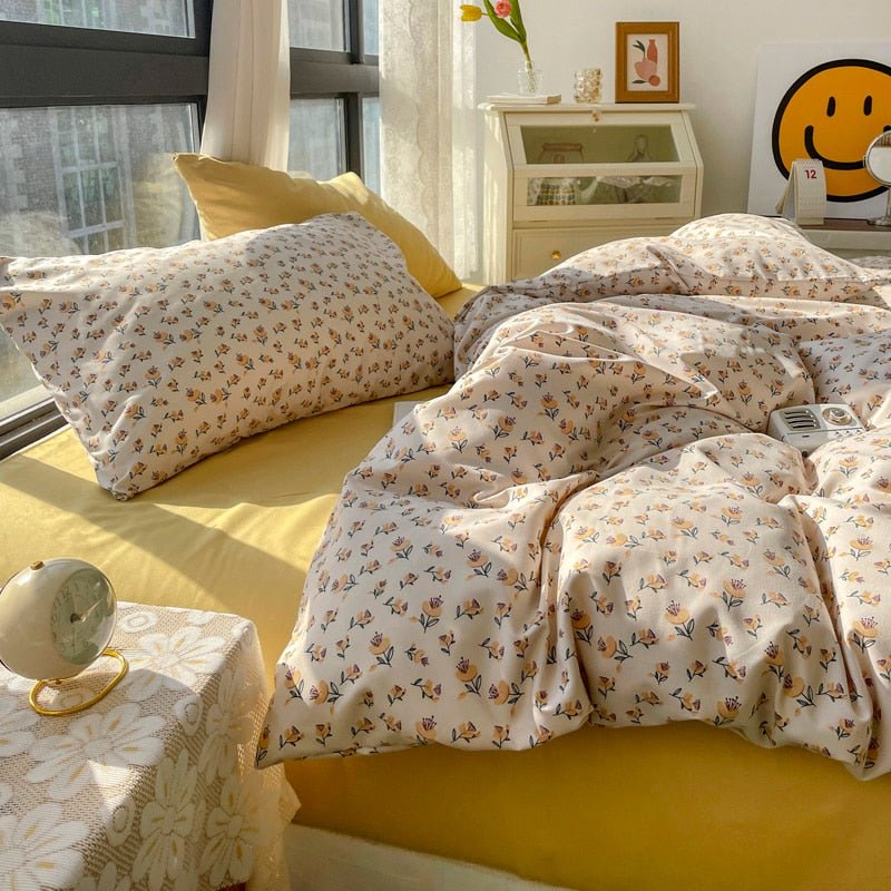 Charming Korean Flower Bedding Set - Cute and Cozy Duvet Cover Set for Twin, Full, Queen, and King Size Beds - DormVibes
