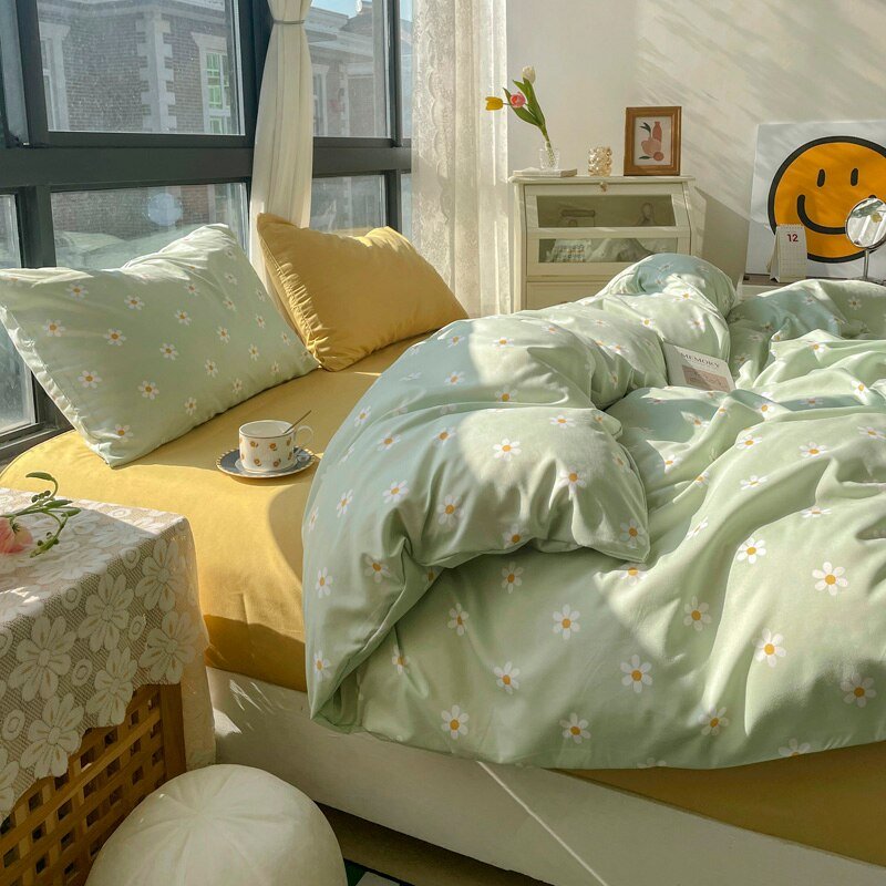 Cute Sage Green Bedding Set Gingham Checkered Bedsheet, Kawaii Dorm Be