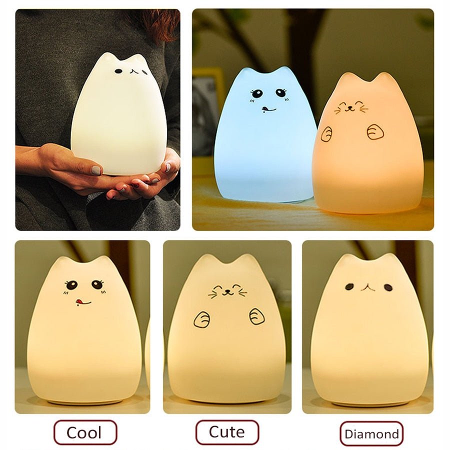 Children's LED Night Light - Soft Silicone Cartoon Cat Lamp with Touch Sensor for Bedroom Decor, Baby Kids Nightlight - DormVibes