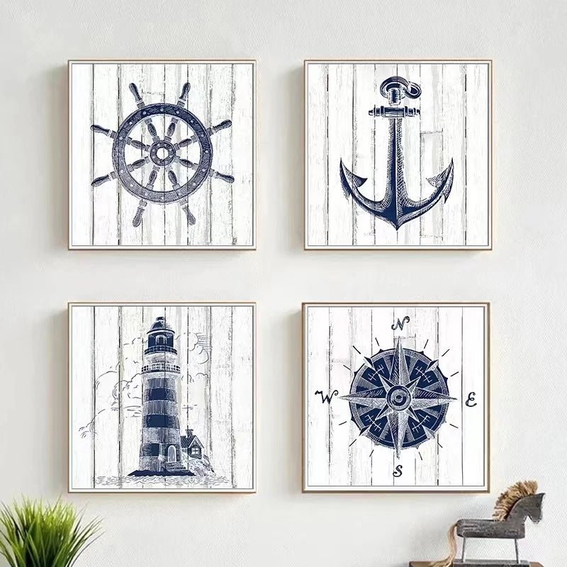 Coastal Wall Art Set: Nautical Charts, Lighthouse, Anchor, Compass - DormVibes