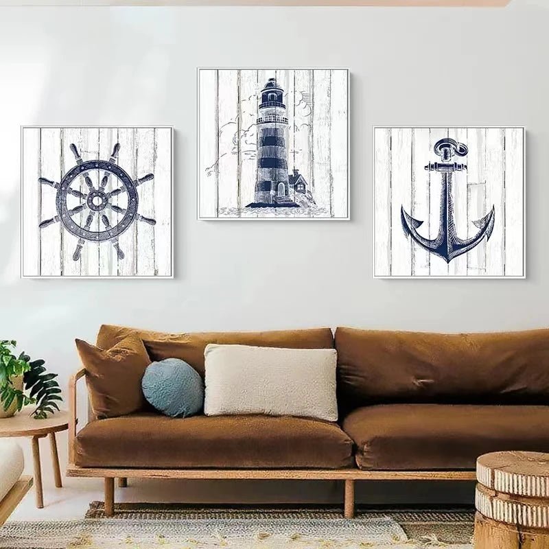 Coastal Wall Art Set: Nautical Charts, Lighthouse, Anchor, Compass - DormVibes