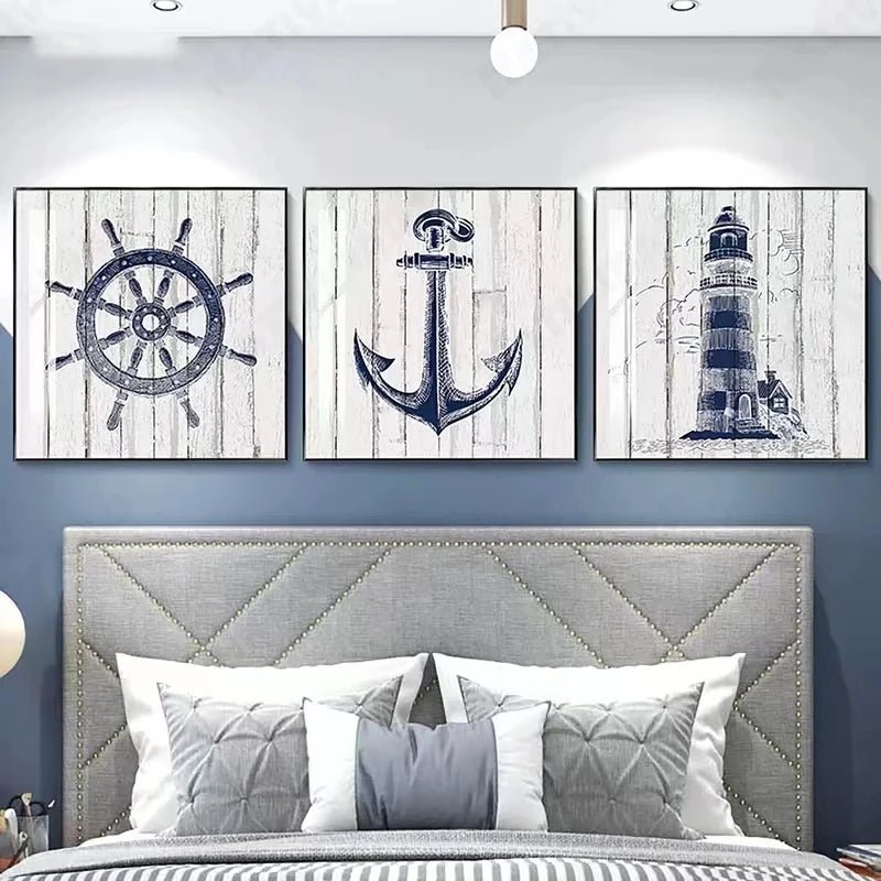 Coastal Wall Art Set: Nautical Charts, Lighthouse, Anchor, Compass - DormVibes