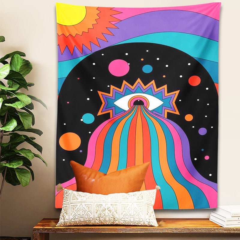 Colorful Eye Sun Moon Rainbow Tapestry - DormVibes