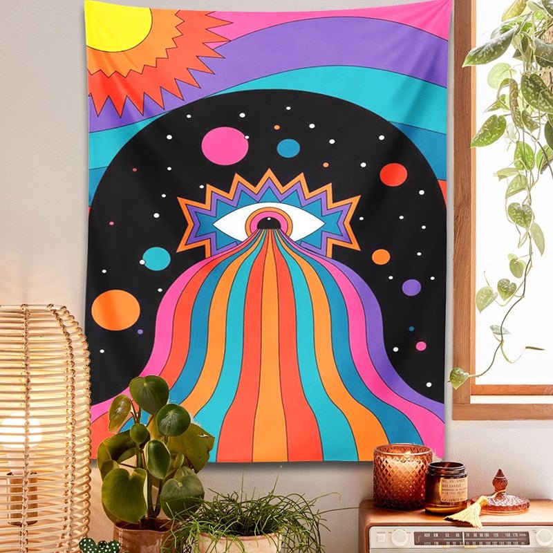 Colorful Eye Sun Moon Rainbow Tapestry - DormVibes