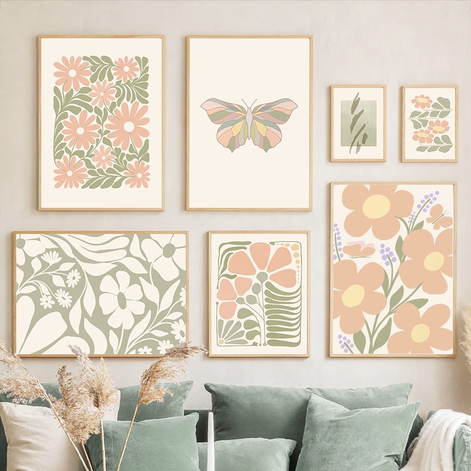 Coral Butterfly and Floral Abstract Wall Art: Nordic-Inspired Canvas Paintings and Prints for Living Room Decor - DormVibes