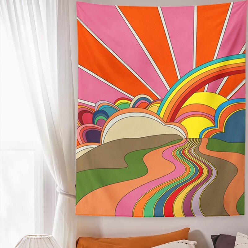 Cosmic Dreamscapes Psychedelic Tapestry - 80s Inspired Rainbow Sunset –  DormVibes