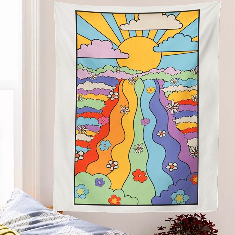 Cosmic Dreamscapes Psychedelic Tapestry - 80s Inspired Rainbow Sunset for  Trippy Wall Decor