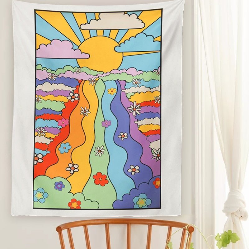 Cosmic Dreamscapes Psychedelic Tapestry - 80s Inspired Rainbow Sunset for Trippy Wall Decor - DormVibes