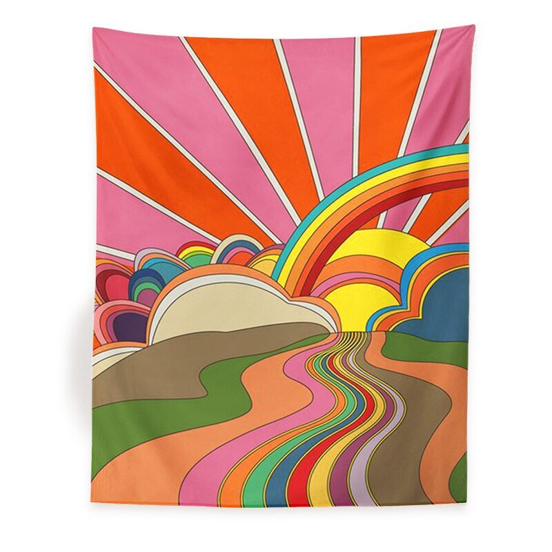 Cosmic Dreamscapes Psychedelic Tapestry - 80s Inspired Rainbow Sunset for Trippy Wall Decor - DormVibes