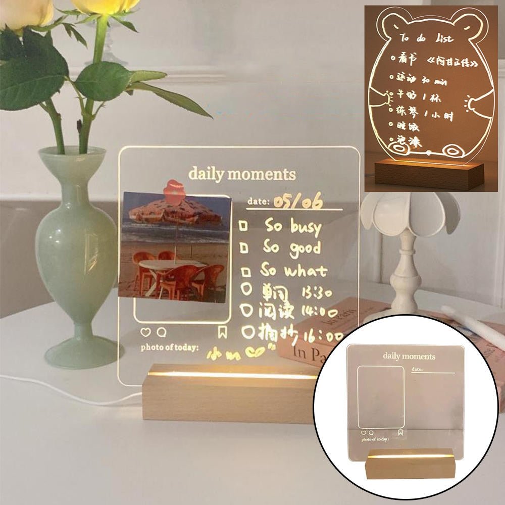 Creative Cute Bear Transparent USB Acrylic Note Board: Daily Message Memo Board with Wood Stand and LED Lamp for Reminders - DormVibes