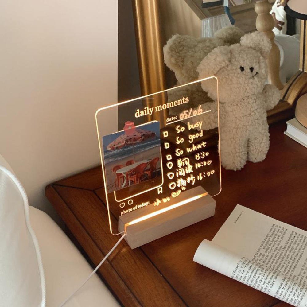 Creative Cute Bear Transparent USB Acrylic Note Board: Daily Message Memo Board with Wood Stand and LED Lamp for Reminders - DormVibes