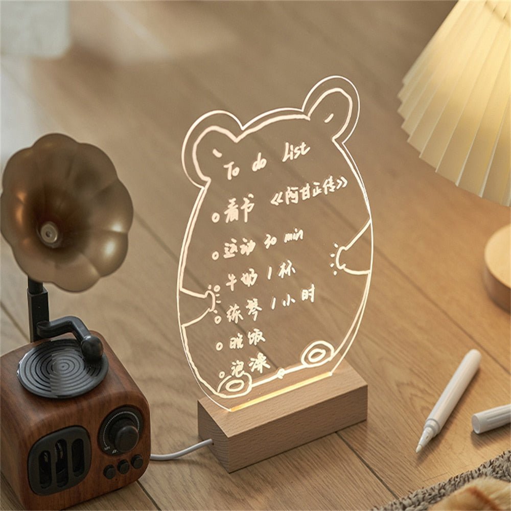 Creative Cute Bear Transparent USB Acrylic Note Board: Daily Message Memo Board with Wood Stand and LED Lamp for Reminders - DormVibes