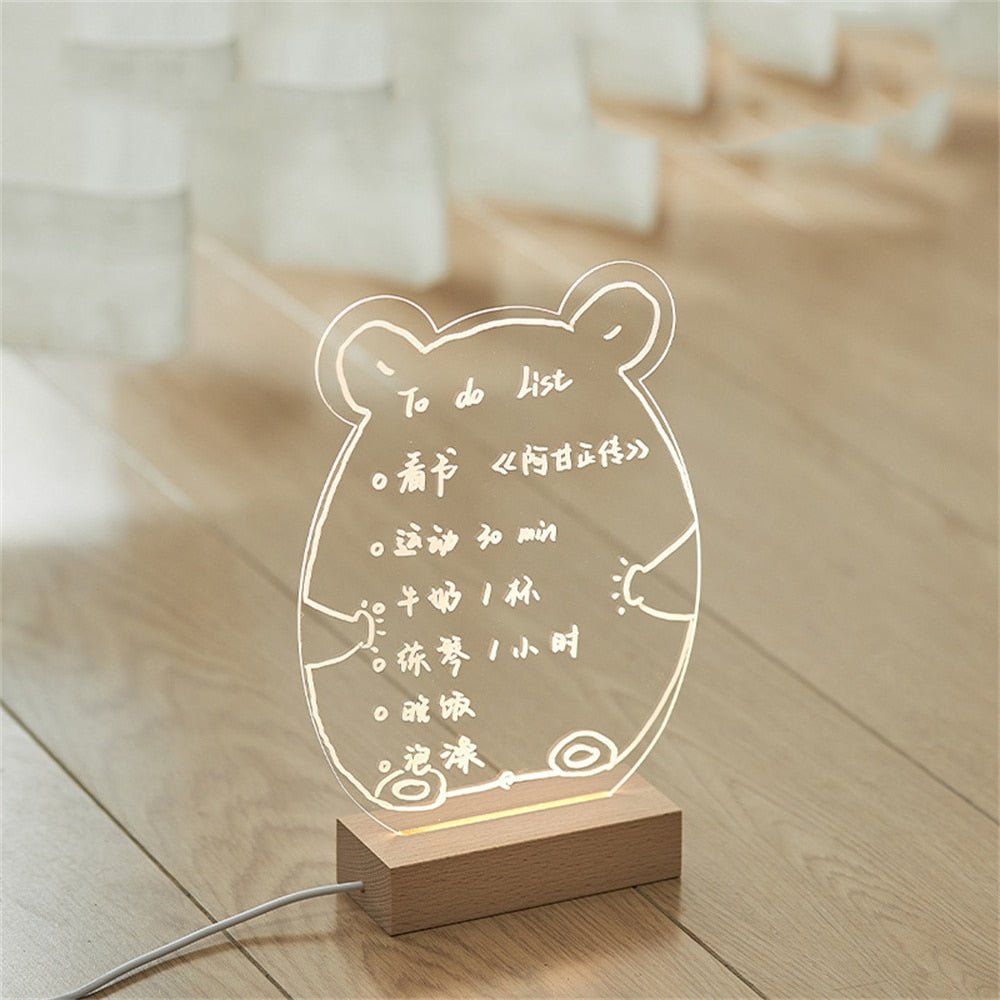 Creative Cute Bear Transparent USB Acrylic Note Board: Daily Message Memo Board with Wood Stand and LED Lamp for Reminders - DormVibes