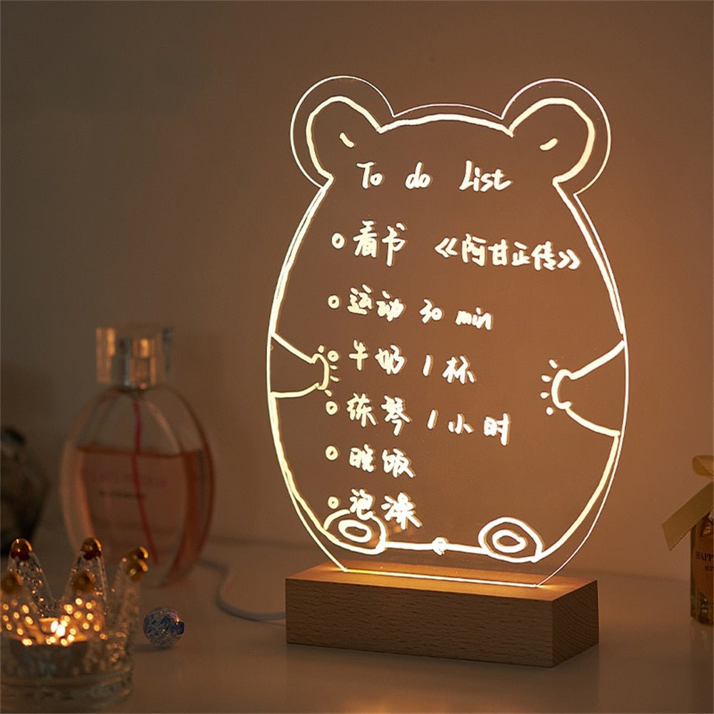 Creative Cute Bear Transparent USB Acrylic Note Board: Daily Message Memo Board with Wood Stand and LED Lamp for Reminders - DormVibes