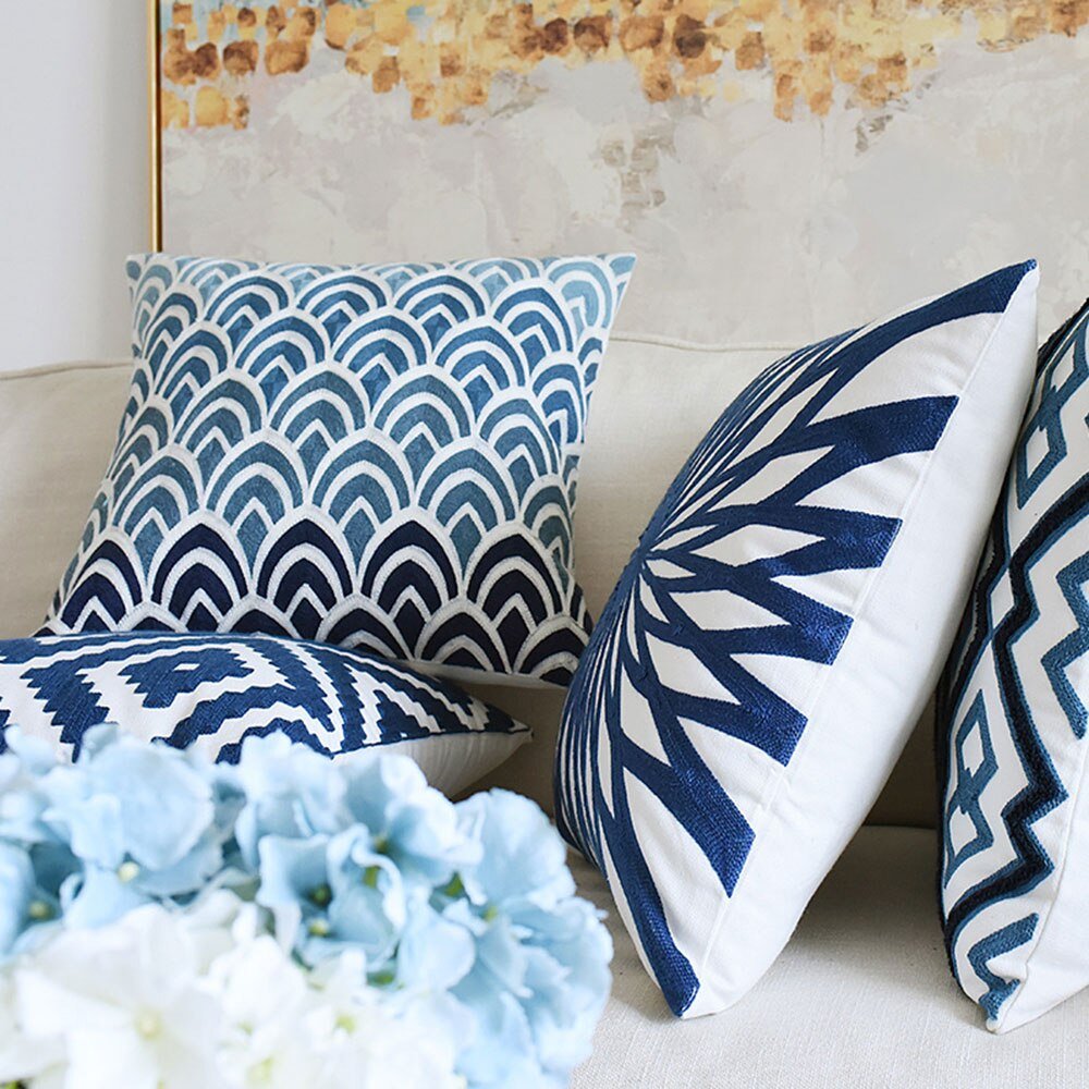 Cushion Cover Navy Blue White Geometric Floral Canvas Cotton Square Em DormVibes