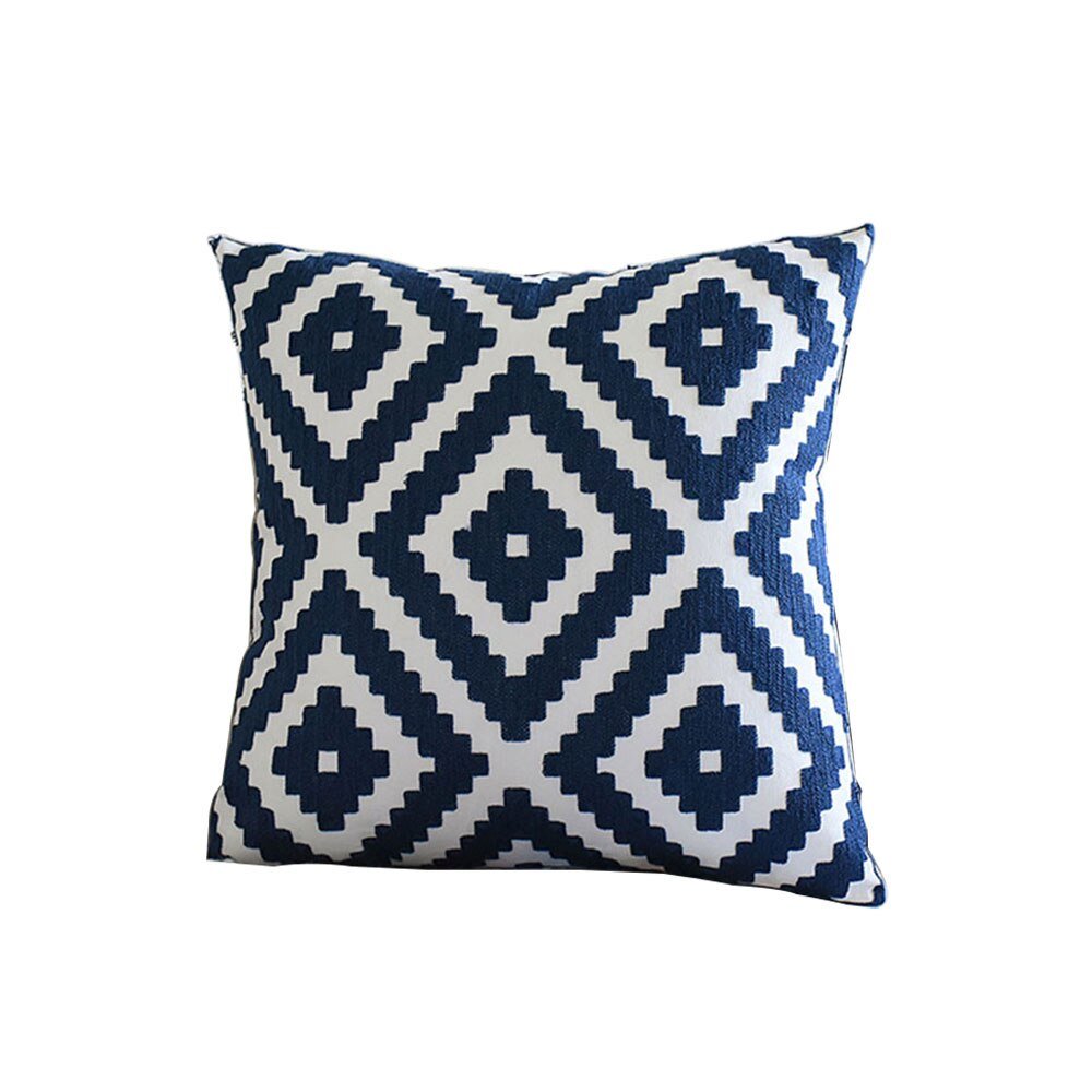 Cushion Cover Navy Blue/White Geometric Floral Canvas Cotton Square Embroidery Pillow Cover Home Decor for Sofa Chiar 45x45cm - DormVibes