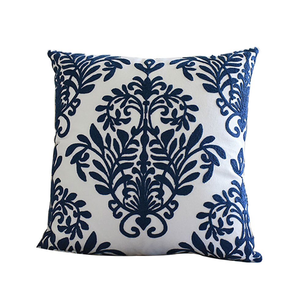 Cushion Cover Navy Blue/White Geometric Floral Canvas Cotton Square Embroidery Pillow Cover Home Decor for Sofa Chiar 45x45cm - DormVibes