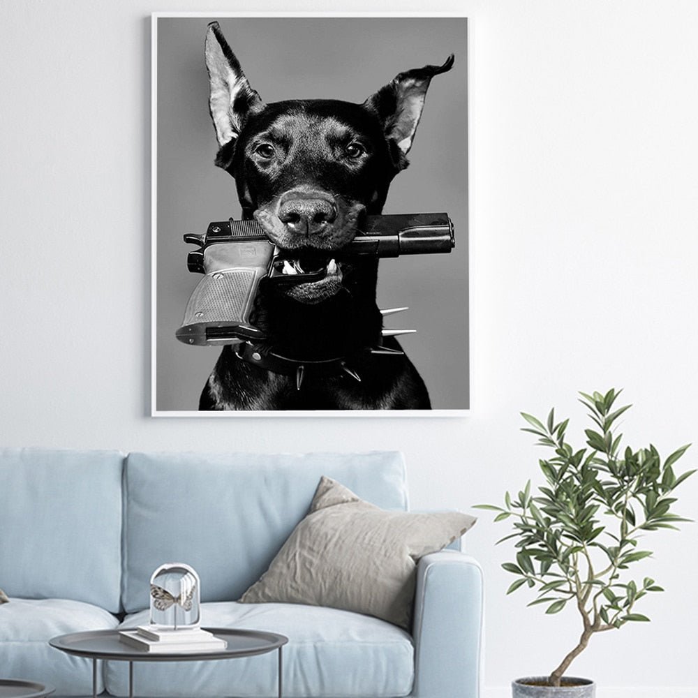 Doberman Dog Biting Gun Luxury Fashion Wall Poster Canvas - DormVibes