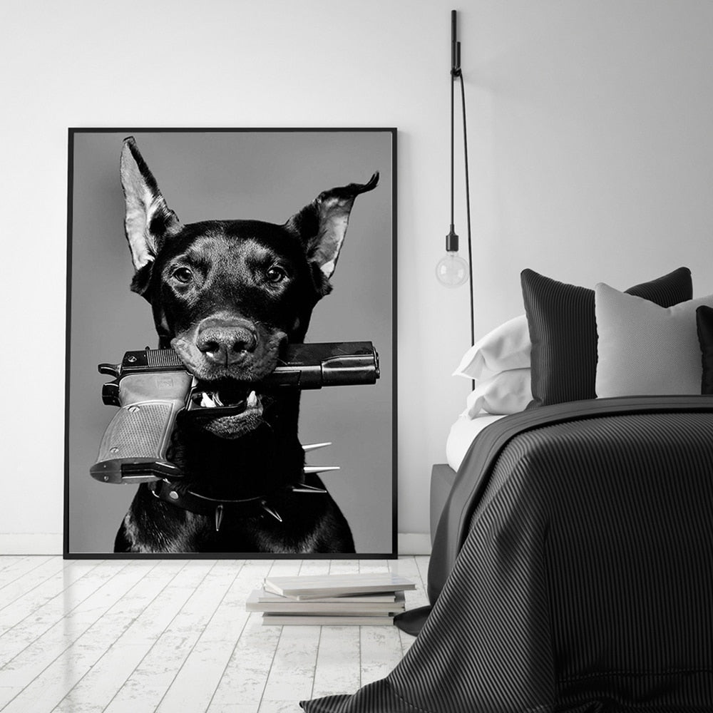 Doberman Dog Biting Gun Luxury Fashion Wall Poster Canvas - DormVibes