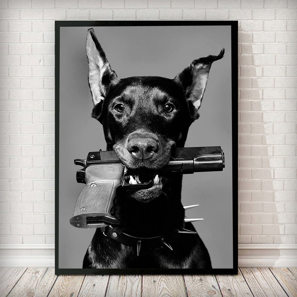 Doberman Dog Biting Gun Luxury Fashion Wall Poster Canvas - DormVibes