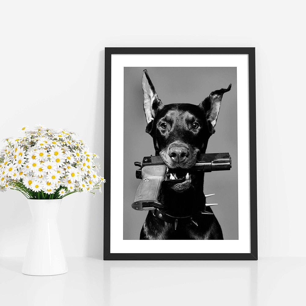 Doberman Dog Biting Gun Luxury Fashion Wall Poster Canvas - DormVibes
