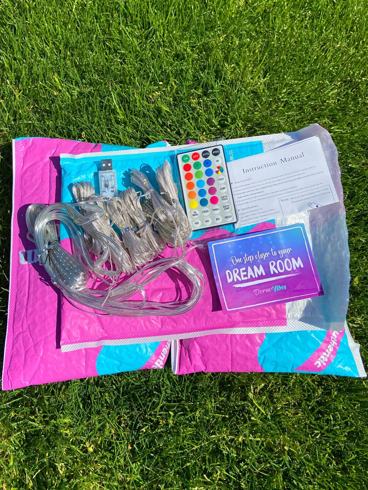 Ceiling light strands with multicolor remote, instructions and packaging