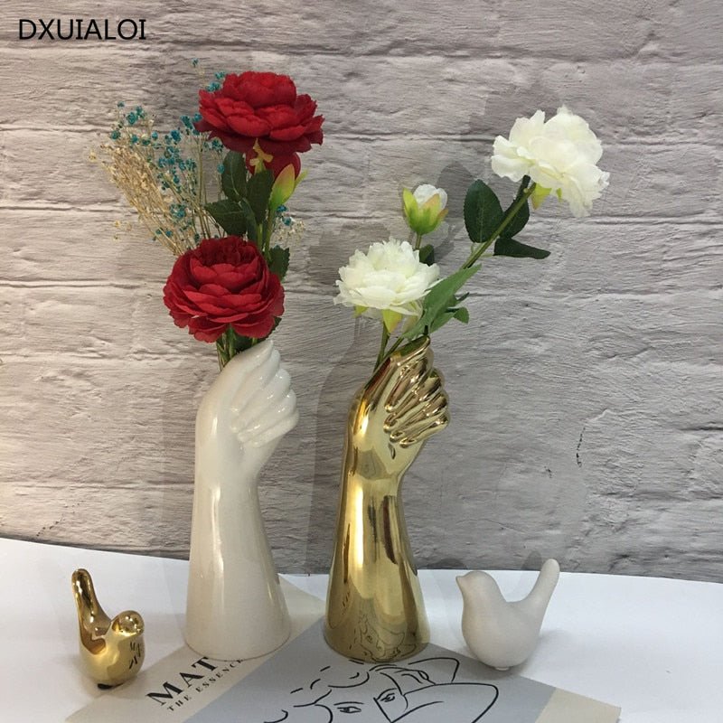 Elegant Nordic-Style Ceramic Gold and White Hand Vase: A Modern Decor Accent for Home and Office Spaces - DormVibes