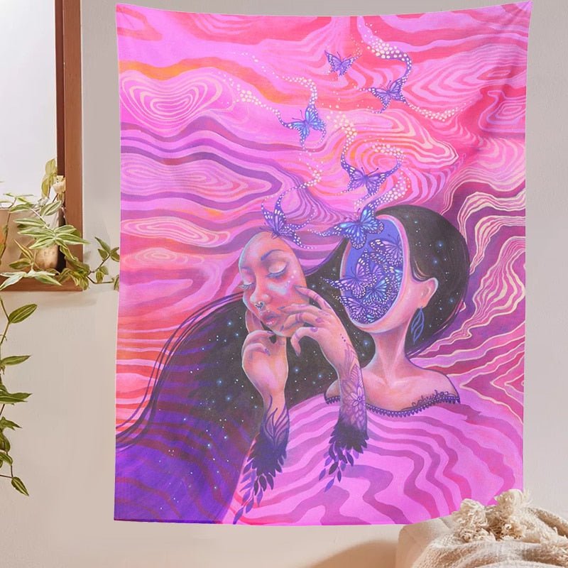 Enchanted Reverie: Psychedelic Pink Face Trippy Girl Tapestry - DormVibes