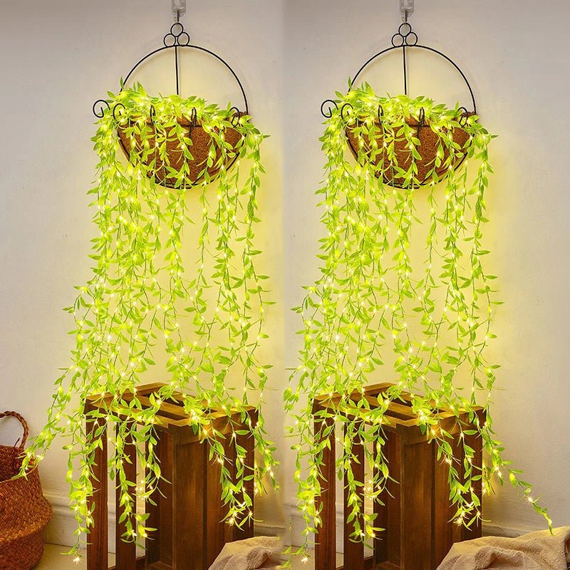 Enchanting Rattan Decor: LED String Lights with Artificial Leaves - DormVibes