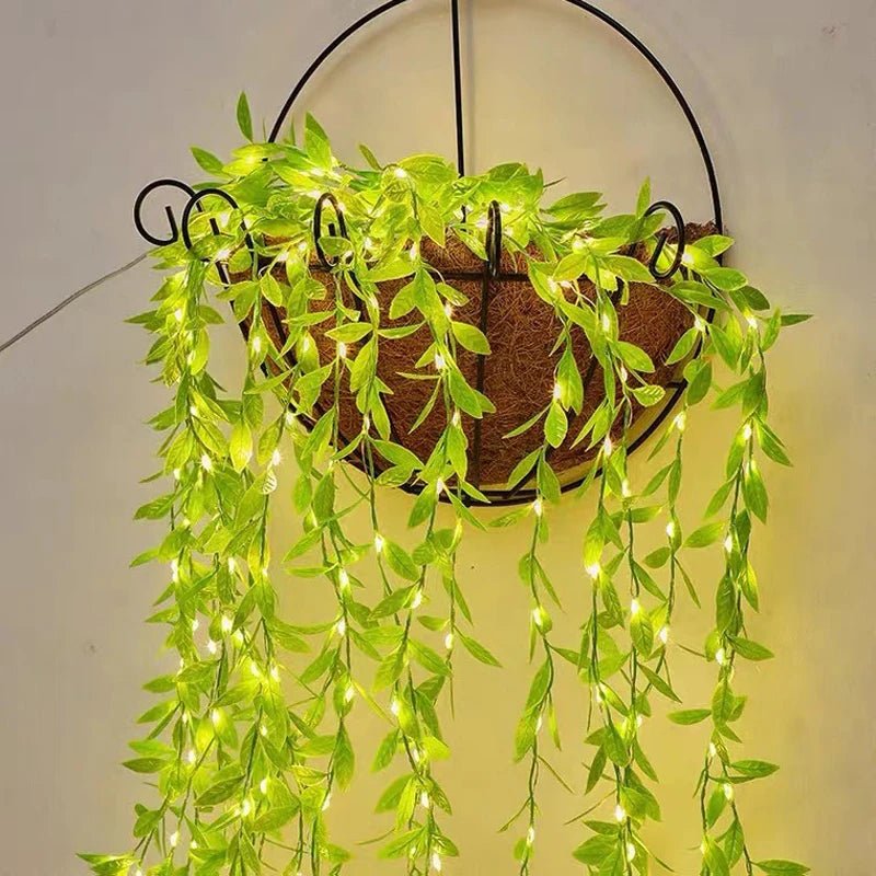 hanging plants with fairy lights Enchanting Rattan Decor: LED String Lights with Artificial Leaves 2M-20LED
