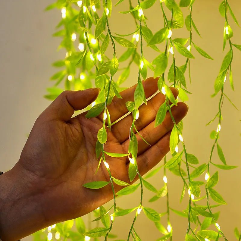 Enchanting Rattan Decor: LED String Lights with Artificial Leaves - DormVibes