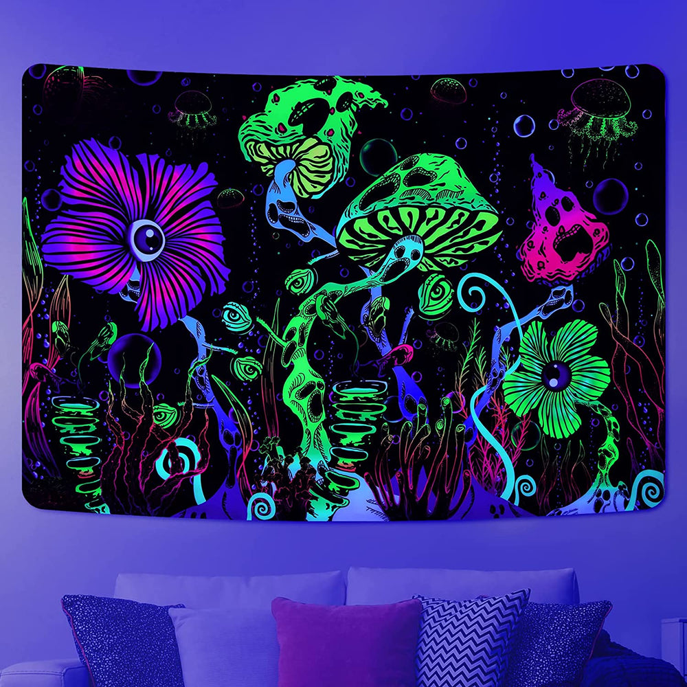 Neon-colored mushrooms and flowers on a black tapestry