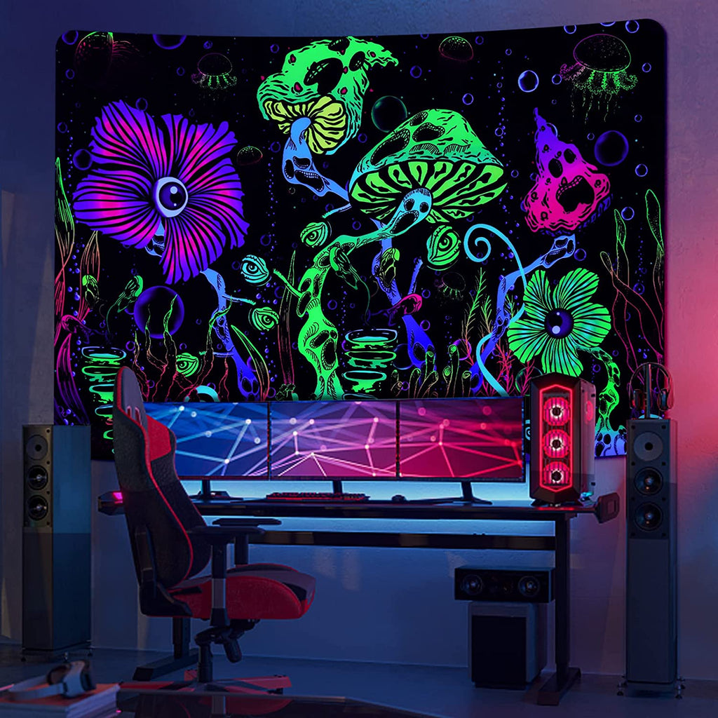 Floral Mushrooms BlackLight Tapestry - DormVibes