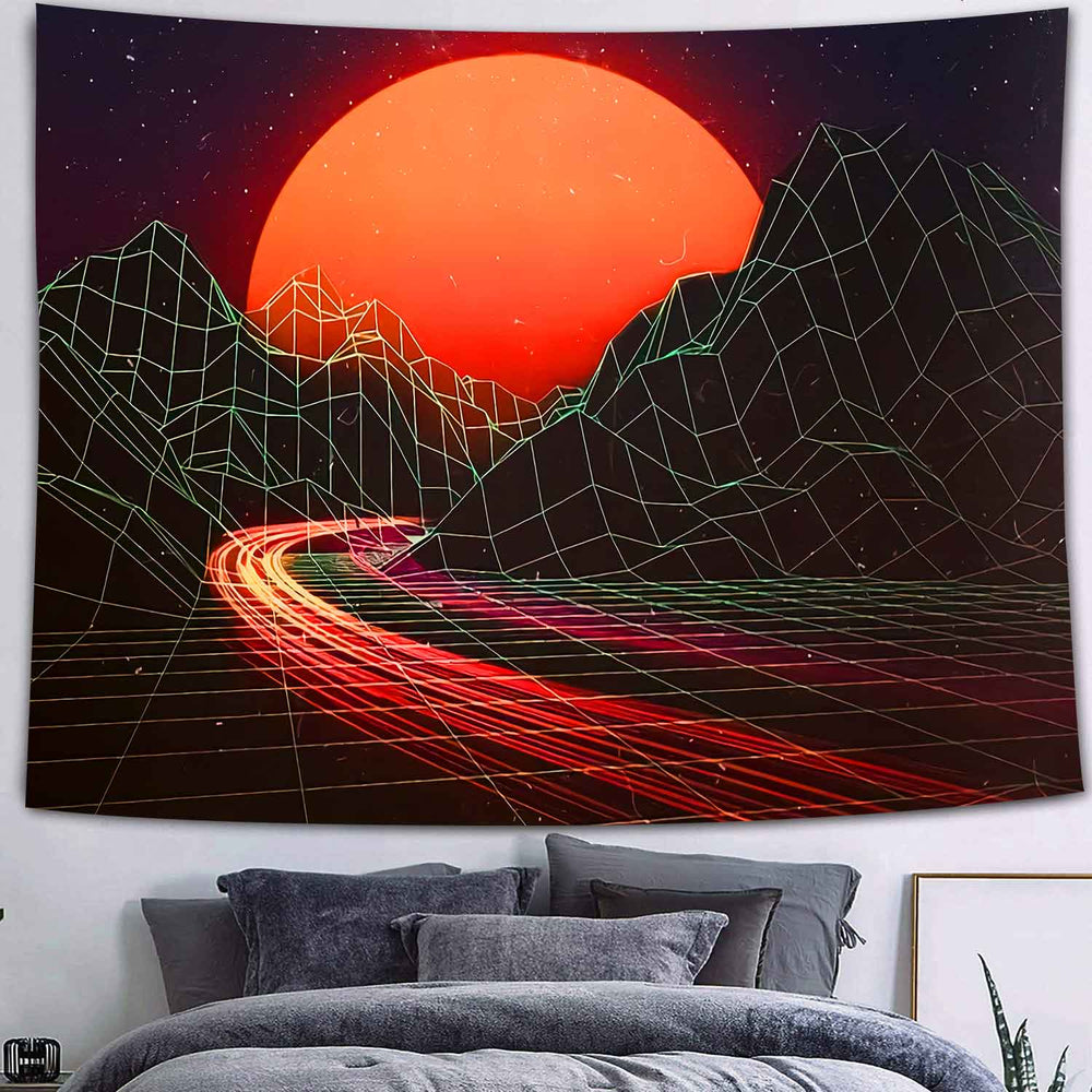 Orange sun over a wireframe mountain road on a black tapestry
