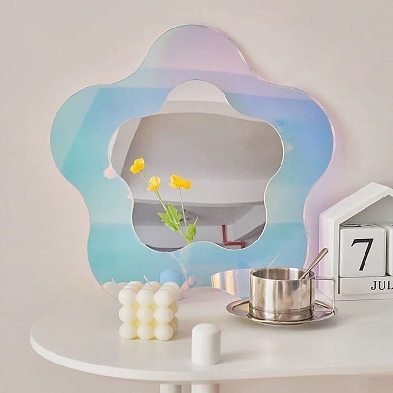 Girly Heart Vanity Mirror: Irregular Decorative Desktop Makeup Mirror with Wooden Stand for Living Rooms and More - DormVibes