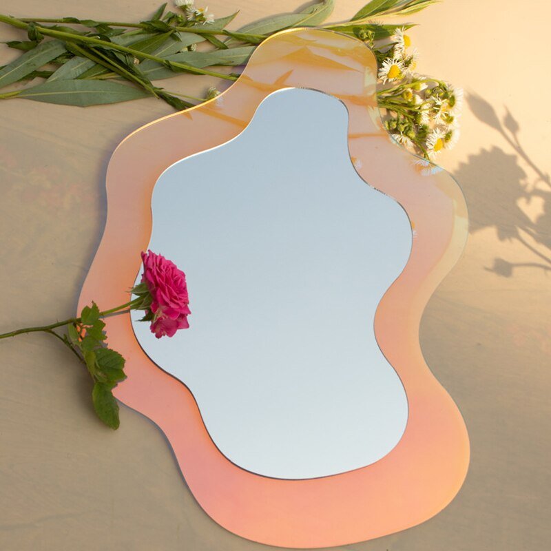 Girly Heart Vanity Mirror: Irregular Decorative Desktop Makeup Mirror with Wooden Stand for Living Rooms and More - DormVibes