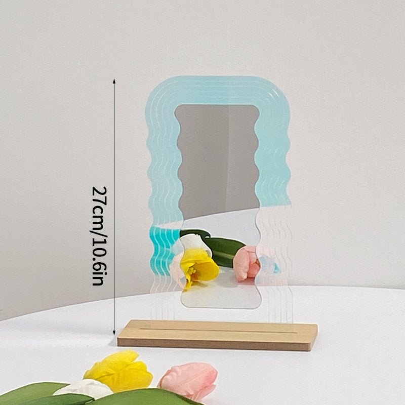Girly Heart Vanity Mirror: Irregular Decorative Desktop Makeup Mirror with Wooden Stand for Living Rooms and More - DormVibes