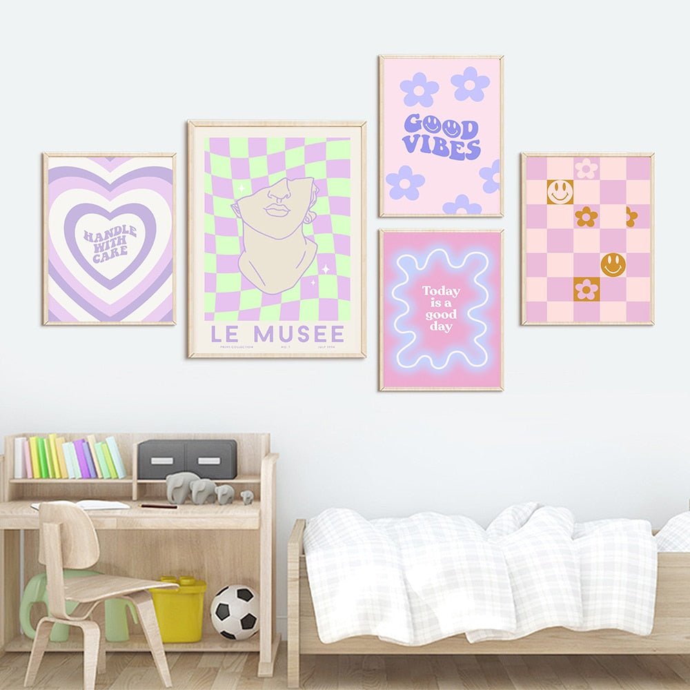 Greek Statue Danish Pastel Print Purple Checkered Smiley Flower Aesthetic Bedroom Wall Art Decor - DormVibes