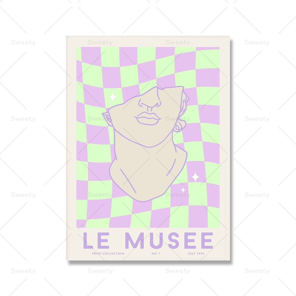 Greek Statue Danish Pastel Print Purple Checkered Smiley Flower Aesthetic Bedroom Wall Art Decor - DormVibes