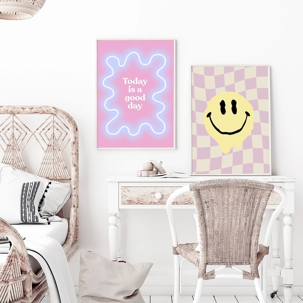 Greek Statue Danish Pastel Print Purple Checkered Smiley Flower Aesthetic Bedroom Wall Art Decor - DormVibes