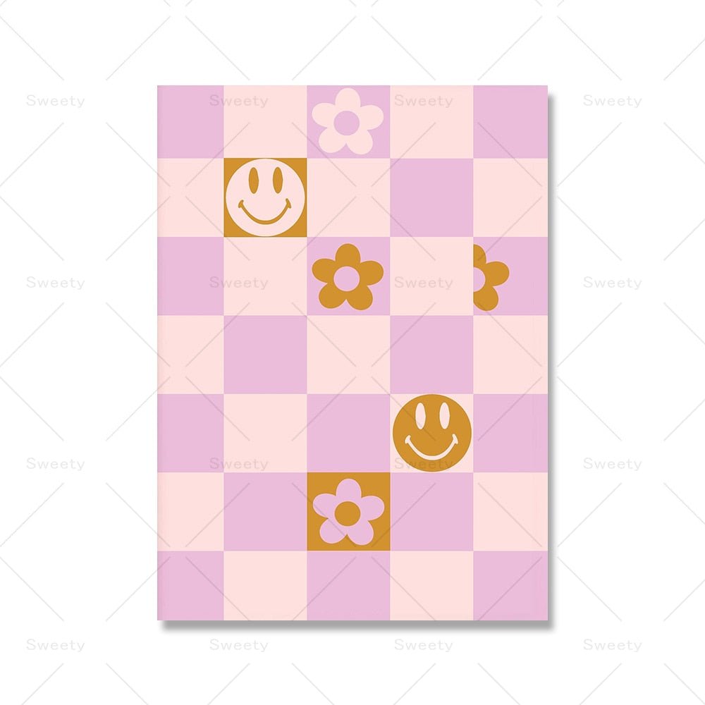 Greek Statue Danish Pastel Print Purple Checkered Smiley Flower Aesthetic Bedroom Wall Art Decor - DormVibes
